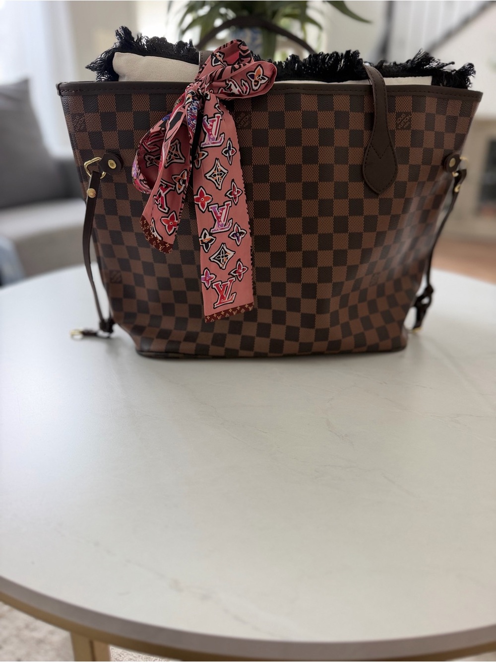 Source Unknown Brown Checkered Tote with Pink Scarf Accent